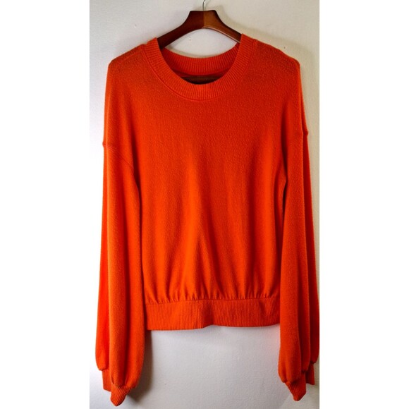 Free People Beach TGIF Orange Balloon Sleeve Pullover Sweater Soft Large L Boho - Picture 2 of 9